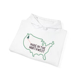 Cozy white hoodie with a woodgrain United States map and 'Made in the Northwest' design, celebrating PNW pride.