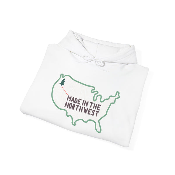 Cozy white hoodie with a woodgrain United States map and 'Made in the Northwest' design, celebrating PNW pride.