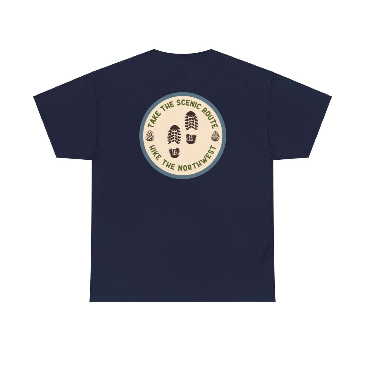 "Navy athletic tee with 'Take the Scenic Route - Hike the Northwest' print, featuring hiking boot prints, back view."