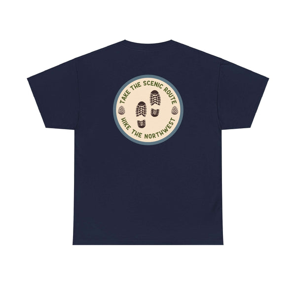 "Navy athletic tee with 'Take the Scenic Route - Hike the Northwest' print, featuring hiking boot prints, back view."