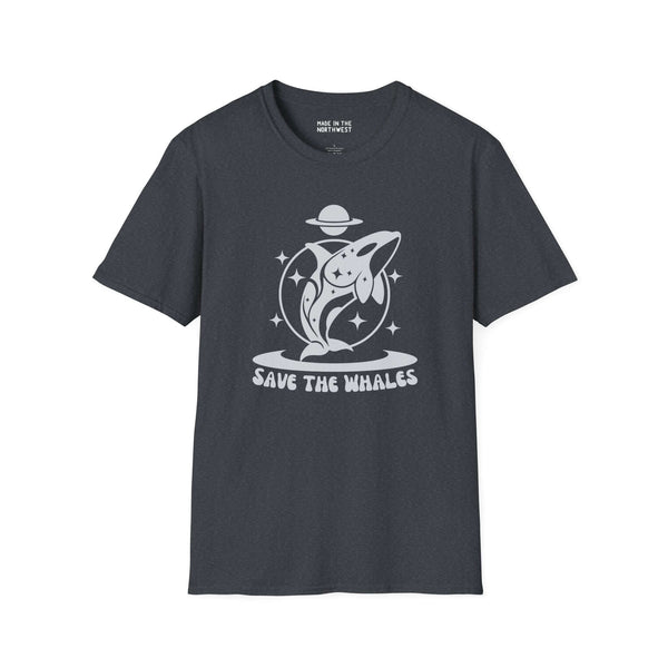 Save the Whales Orca Softstyle T-Shirt with mystical orca graphic on dark background.