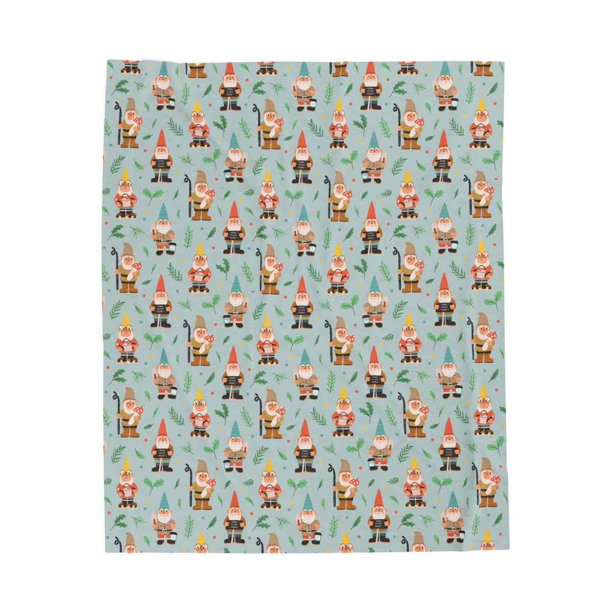 Garden Gnome Gathering Lightweight Cozy Blanket featuring cheerful gnomes and playful woodland design.