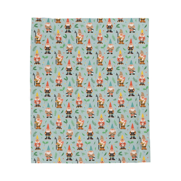 Garden Gnome Gathering Lightweight Cozy Blanket featuring cheerful gnomes and playful woodland design.