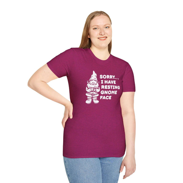 Woman wearing a purple T-shirt with a grumpy gnome and the text 'Sorry... I have resting gnome face.'