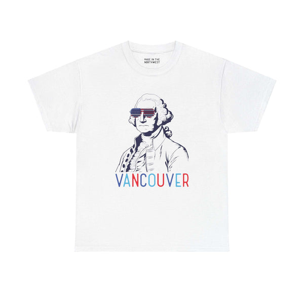 George Washington tee with USA sunglasses and "Vancouver" text in patriotic colors, perfect for Fourth of July celebrations.