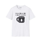 White t-shirt with 'Coffee Makes Me a Happy Camper' design featuring a coffee mug and tree motif.