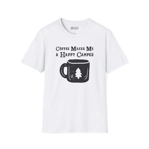 White t-shirt with 'Coffee Makes Me a Happy Camper' design featuring a coffee mug and tree motif.