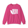 Pink "From the 253" sweatshirt with Washington state silhouette and Tacoma star, showcasing local pride and area code style.