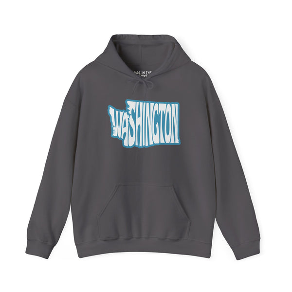 Gray hoodie featuring typography of 'Washington' shaped like the state, showcasing Pacific Northwest pride.