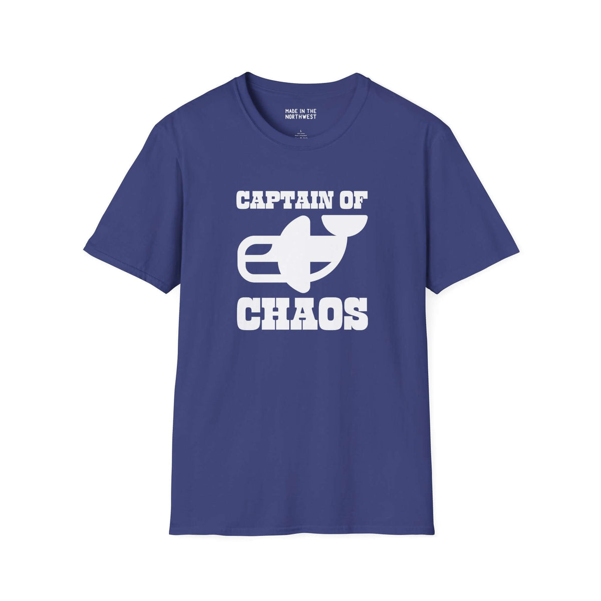 Captain of Chaos Orca Softstyle T-Shirt in navy blue with bold white lettering.