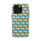 Happy Camper Adventure tough phone case featuring vintage camper design, perfect for travel enthusiasts.