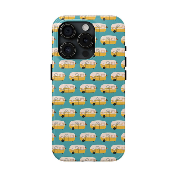 Happy Camper Adventure tough phone case featuring vintage camper design, perfect for travel enthusiasts.