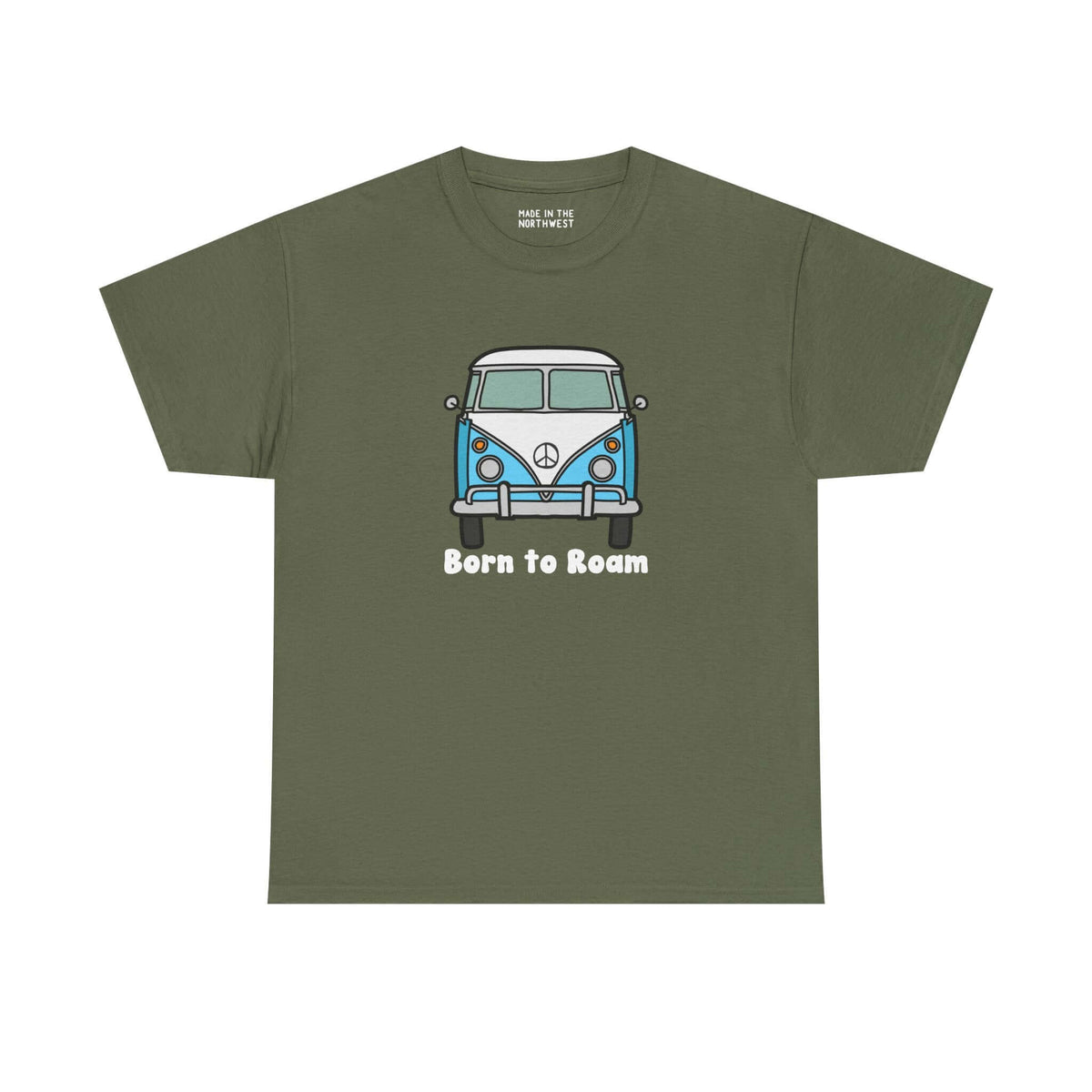 Born to Roam athletic tee featuring a vintage vanagon bus design on an olive green shirt.
