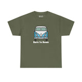 Born to Roam athletic tee featuring a vintage vanagon bus design on an olive green shirt.