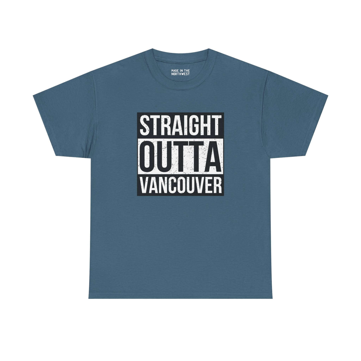 Straight Outta Vancouver athletic tee in blue featuring bold, iconic text design for local pride.