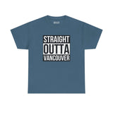 Straight Outta Vancouver athletic tee in blue featuring bold, iconic text design for local pride.