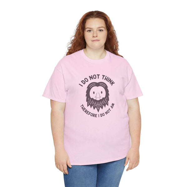 I Do Not Think Sasquatch athletic tee featuring playful Bigfoot design on soft pink fabric.