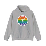 Gray Sasquatch hoodie with rainbow circle and 