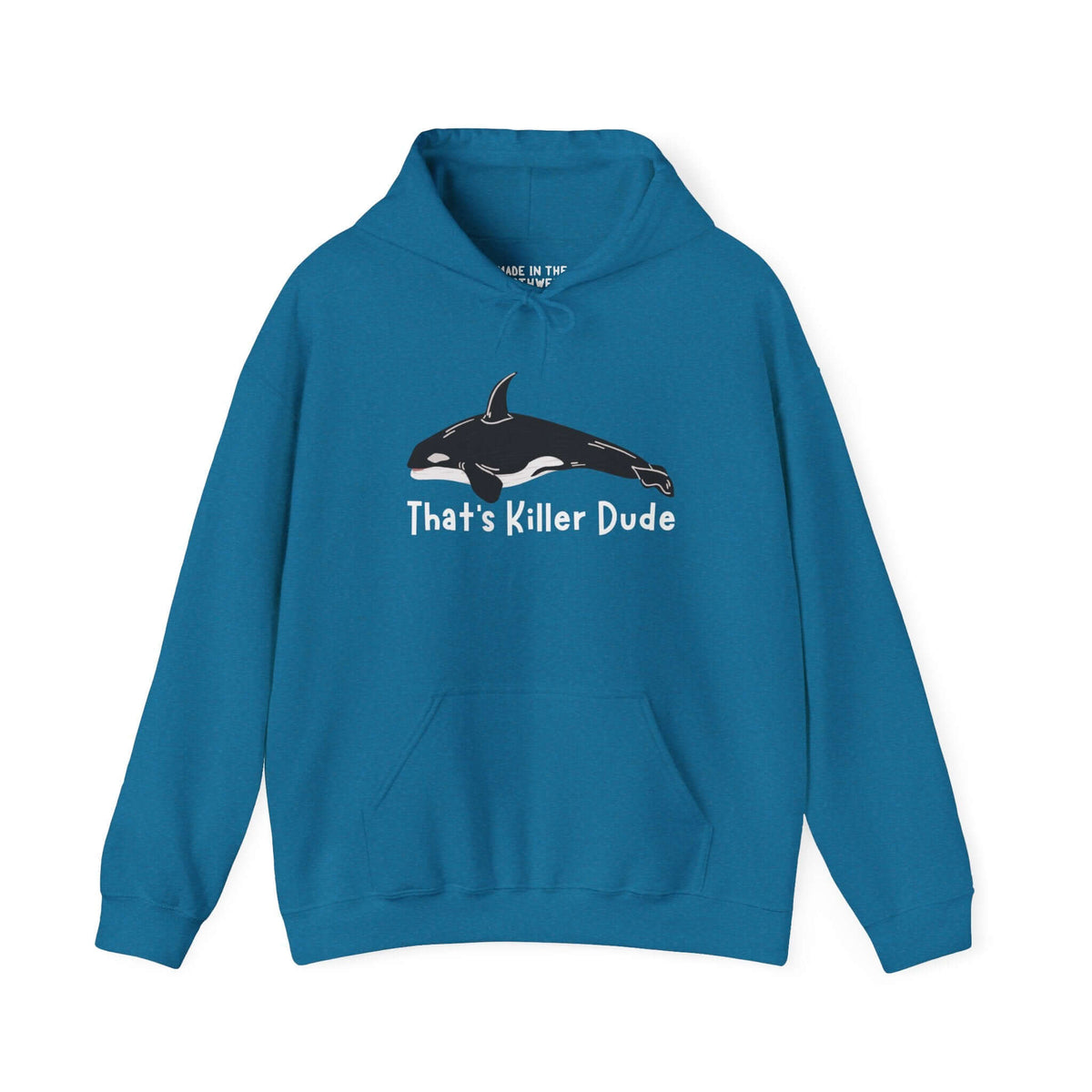 That's Killer Dude Orca Hoodie in bright blue, featuring an orca graphic, perfect for marine life lovers.
