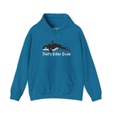 That's Killer Dude Orca Hoodie in bright blue, featuring an orca graphic, perfect for marine life lovers.