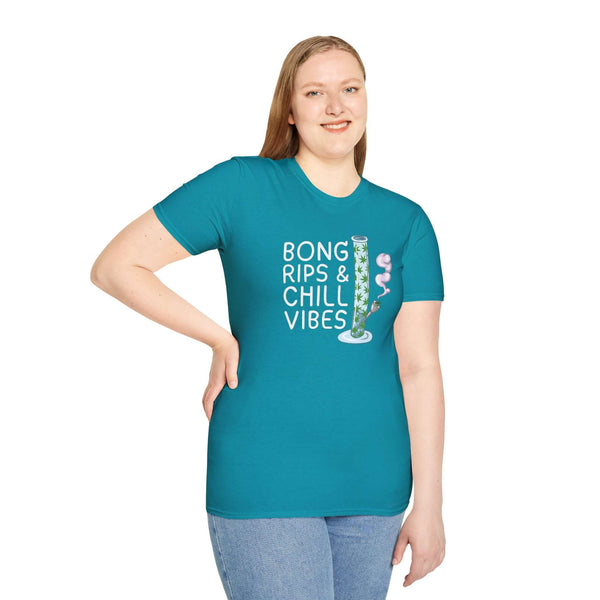 Model wearing Bong Rips & Chill Vibes softstyle t-shirt, perfect for relaxed vibes and laid-back days.
