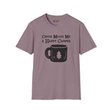 Happy Camper Coffee Softstyle T-Shirt in lavender with coffee mug graphic.