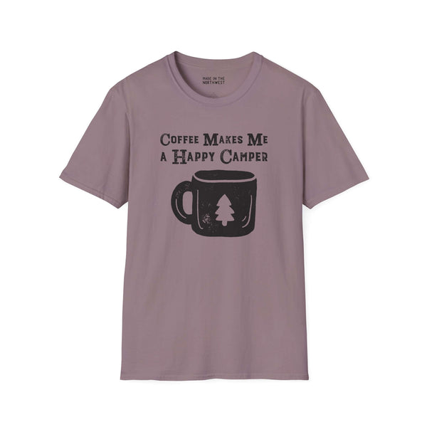 Happy Camper Coffee Softstyle T-Shirt in lavender with coffee mug graphic.