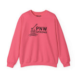 PNW Strong Crewneck Sweatshirt in pink featuring an axe-in-stump design for Pacific Northwest spirit.