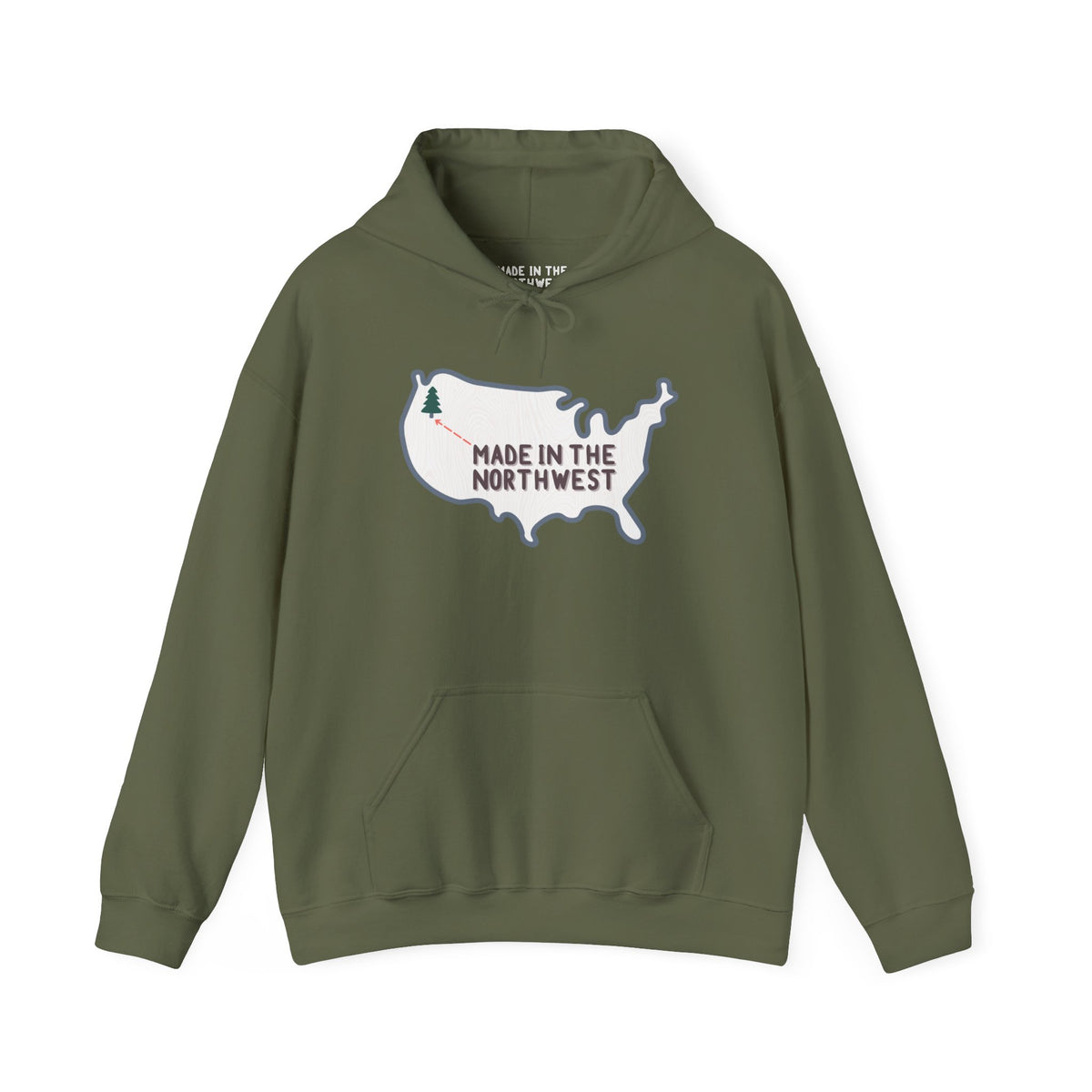 Olive hoodie with graphic of U.S. map and text 'Made in the Northwest', showcasing Pacific Northwest pride.