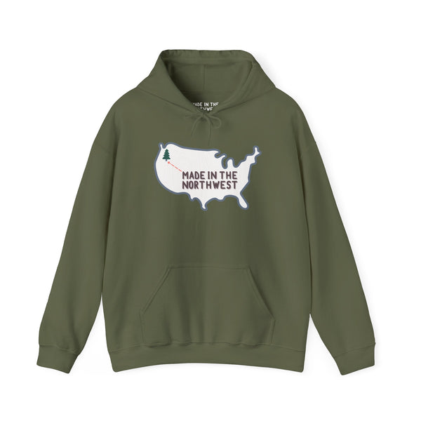 Olive hoodie with graphic of U.S. map and text 'Made in the Northwest', showcasing Pacific Northwest pride.