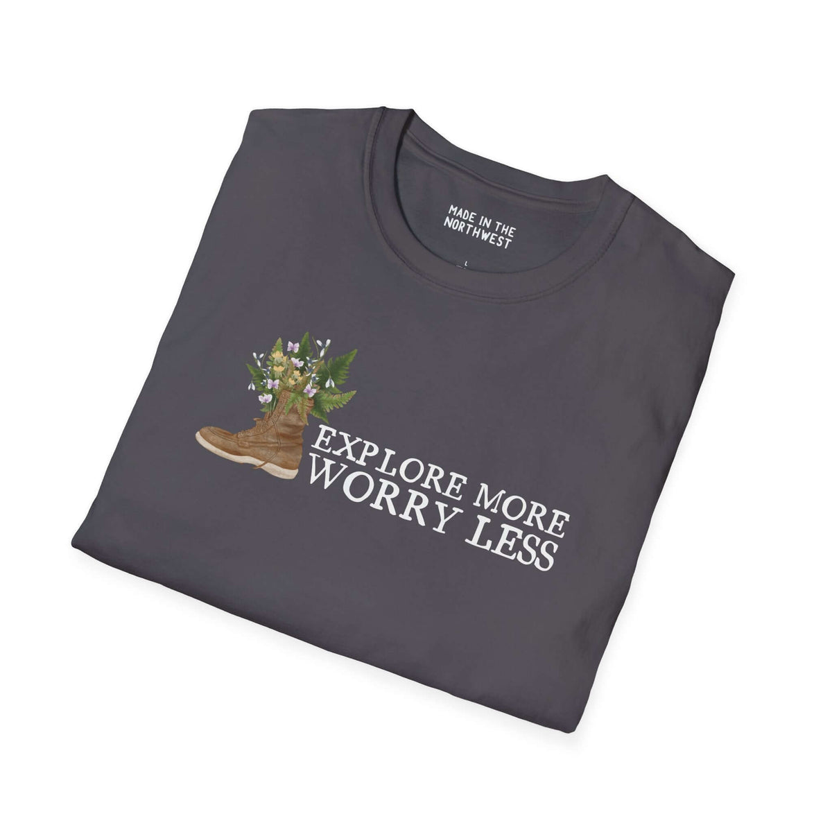 Explore More Worry Less unisex softstyle t-shirt featuring a watercolor hiking boot with flowers and ferns.