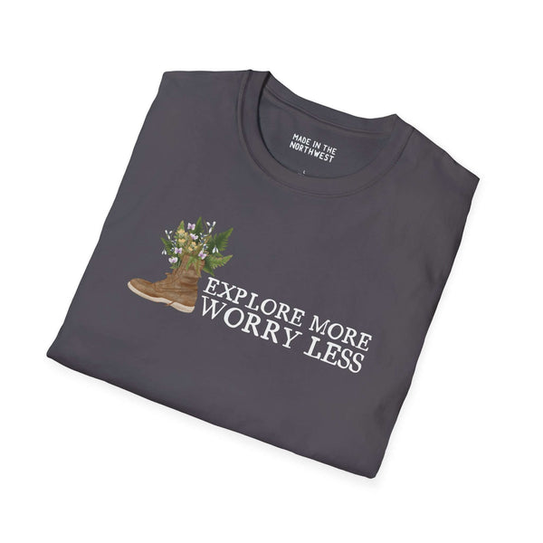 Explore More Worry Less unisex softstyle t-shirt featuring a watercolor hiking boot with flowers and ferns.