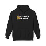 Sleuthing in Sweatpants Hoodie with a graphic design on a black background.