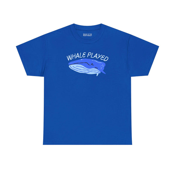 Blue Whale Played Tee with illustrated whale and playful text design, perfect for casual wear.