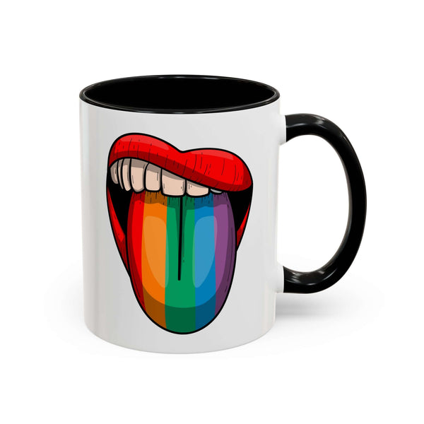 Rainbow Tongue Mug featuring a vibrant tongue graphic and black handle, perfect for colorful mornings.