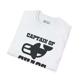 Captain of Chaos Orca Softstyle T-Shirt featuring a playful orca design in black and white.