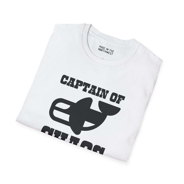 Captain of Chaos Orca Softstyle T-Shirt featuring a playful orca design in black and white.