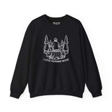 I Love Morning Wood sweatshirt featuring an outdoorsman on a log with trees, perfect for nature lovers and humor fans.