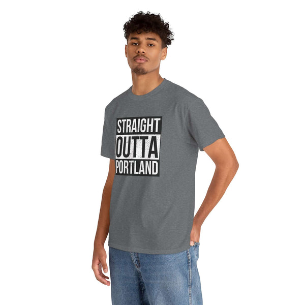 Person wearing a "Straight Outta Portland" tee in gray, inspired by streetwear style, showcasing city pride with bold text.