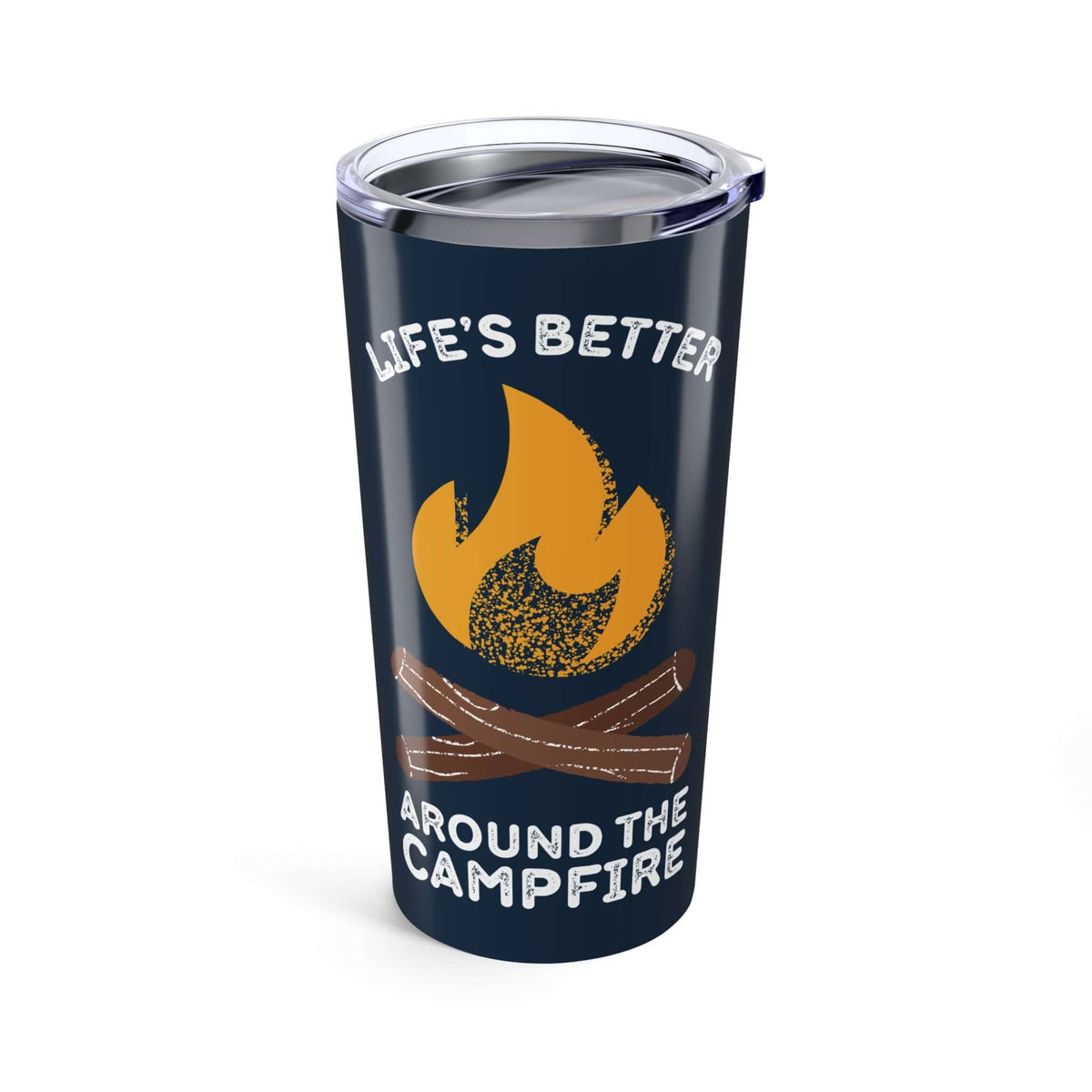 Life's Better Around the Campfire stainless coffee tumbler with campfire design
