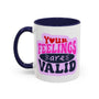 Your Feelings Are Valid Mug with navy interior and handle, featuring a message that supports mental well-being.