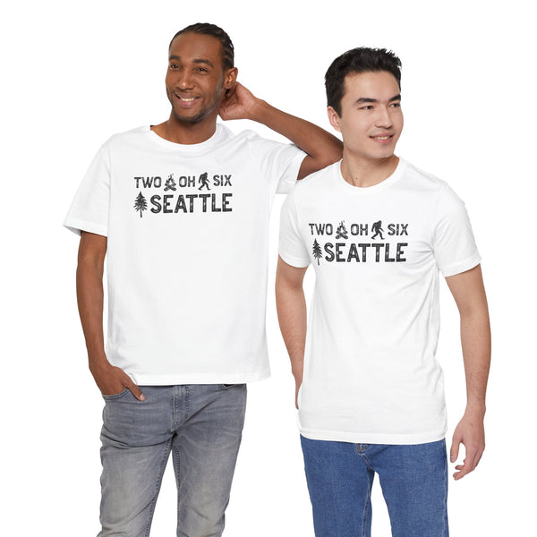 Two Oh Six Roots Premium Soft Tee in white featuring Seattle area code with tree design, worn by two diverse male models.