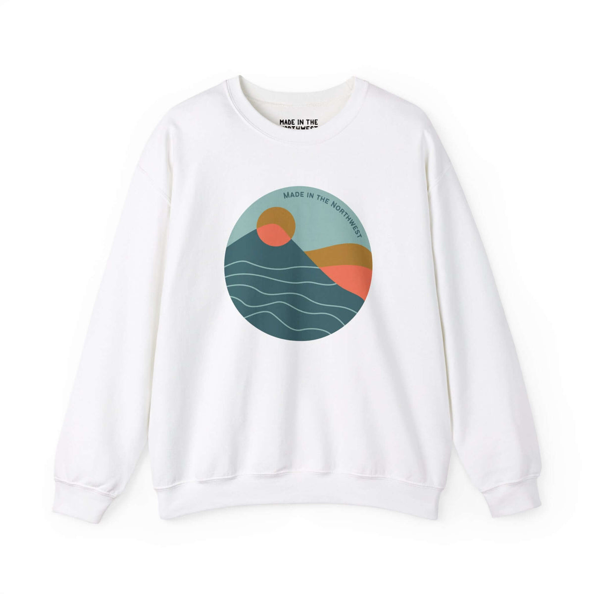 Pacific Peaks Modern Circle sweatshirt featuring a scenic mountain design on a white background, inspired by the Pacific Northwest.