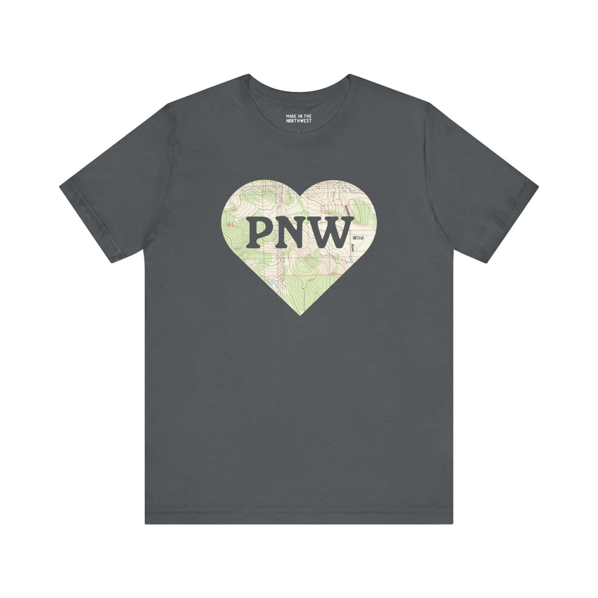 PNW Explorer's Heart Soft Tee with topo map heart and "PNW" text, perfect for adventurers in the Pacific Northwest.