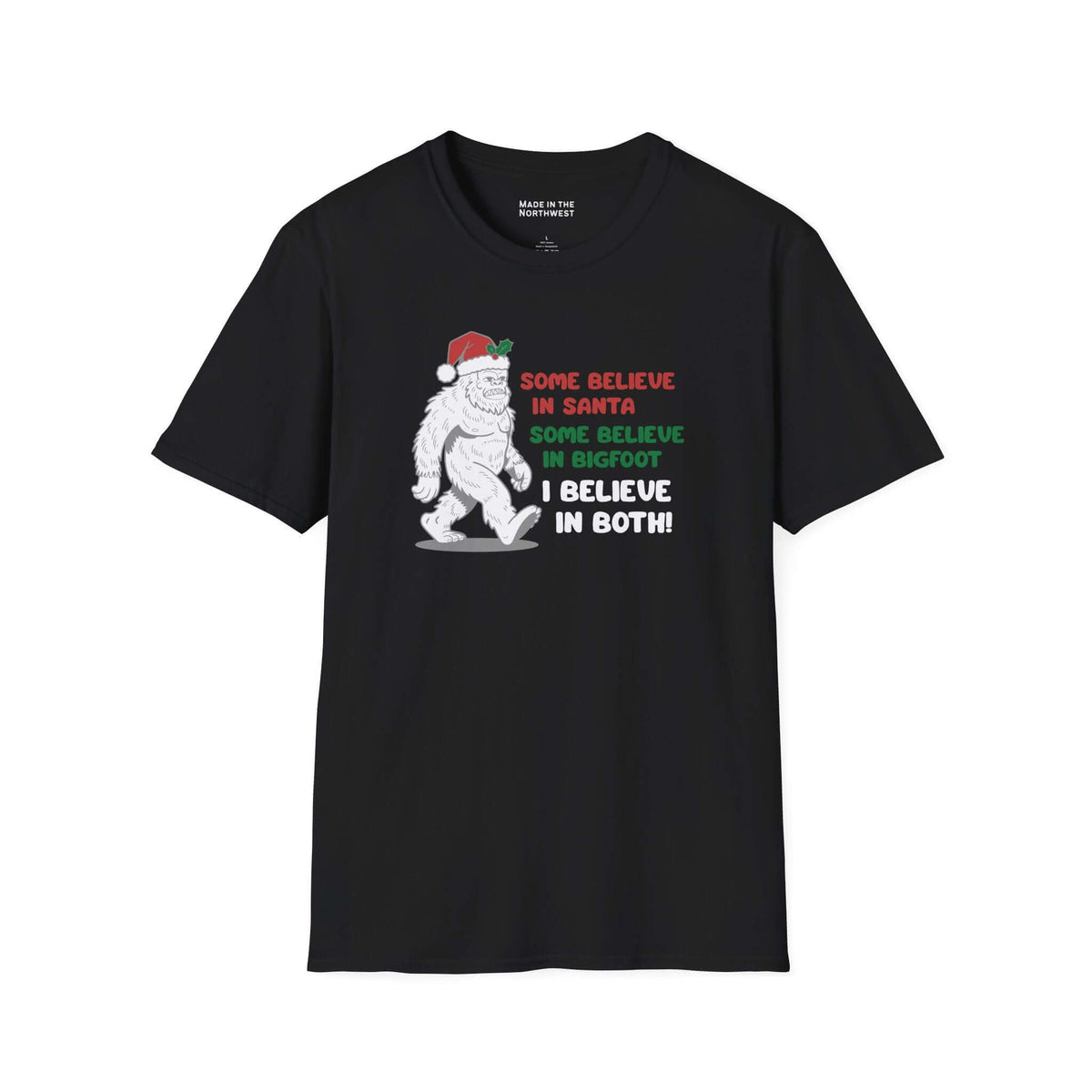 Believe in Santa and Bigfoot tee featuring Bigfoot in Santa hat with text: "some believe in santa, some believe in bigfoot, i believe in both!"