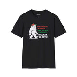 Believe in Santa and Bigfoot tee featuring Bigfoot in Santa hat with text: 