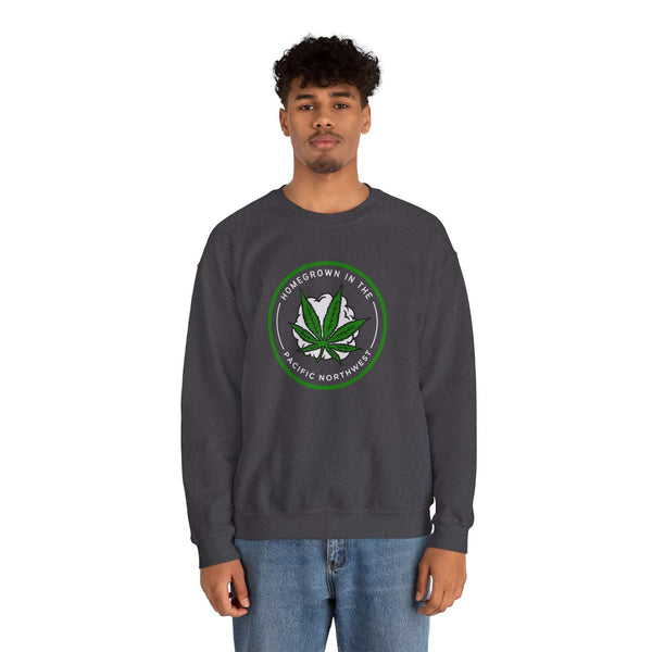 Homegrown Vibes PNW sweatshirt with marijuana leaf design, celebrating Pacific Northwest culture and lifestyle.