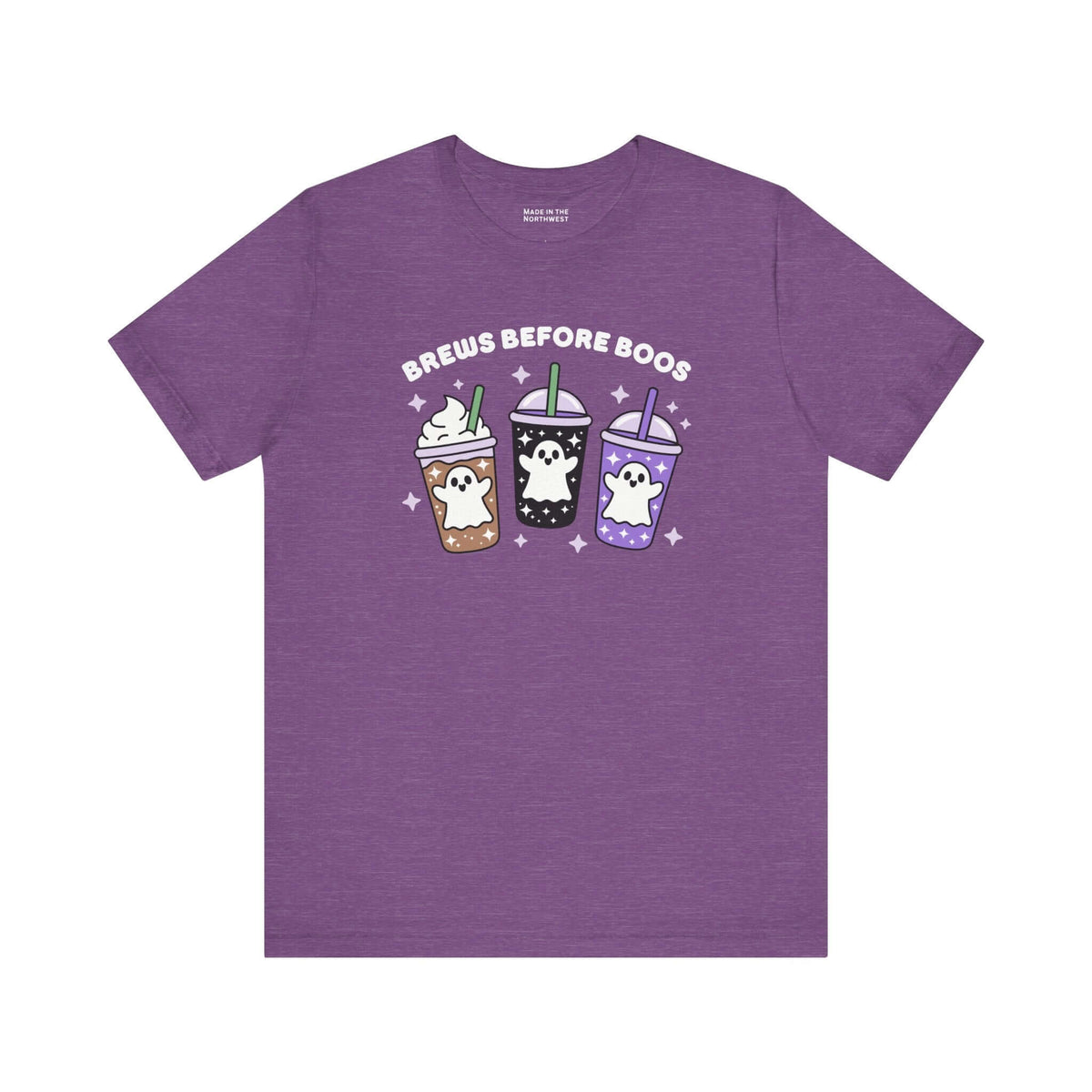 Brews Before Boos Halloween Coffee Premium Soft Tee featuring cute ghost-themed iced coffee designs.