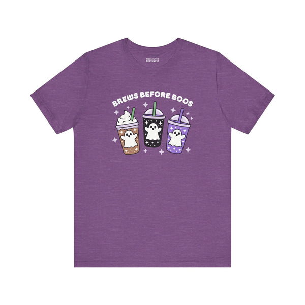 Brews Before Boos Halloween Coffee Premium Soft Tee featuring cute ghost-themed iced coffee designs.