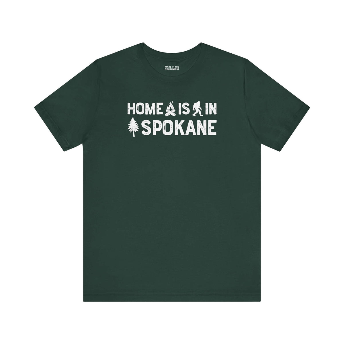 Home Is in Spokane Tee featuring outdoor symbols on a dark green shirt celebrating Spokane pride.